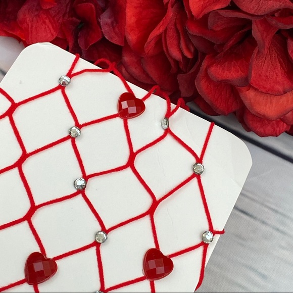 Sexy Red Fishnet Stockings with Hearts & Rhinestones - Picture 9 of 14